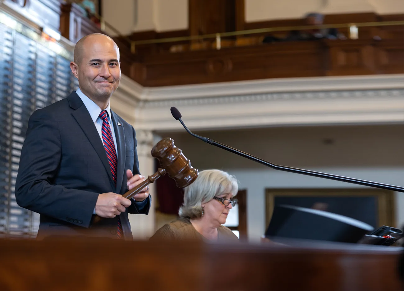 Jacey Jetton presiding with the gavel at the dais of the Texas House of Representatives