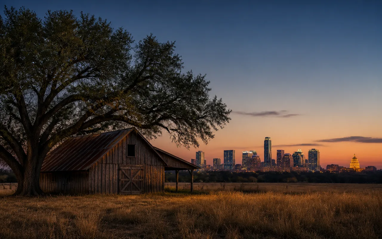 A weathered barn and oak tree in an open Texas field, with the Austin skyline and State Capitol dome on the horizon at dusk
