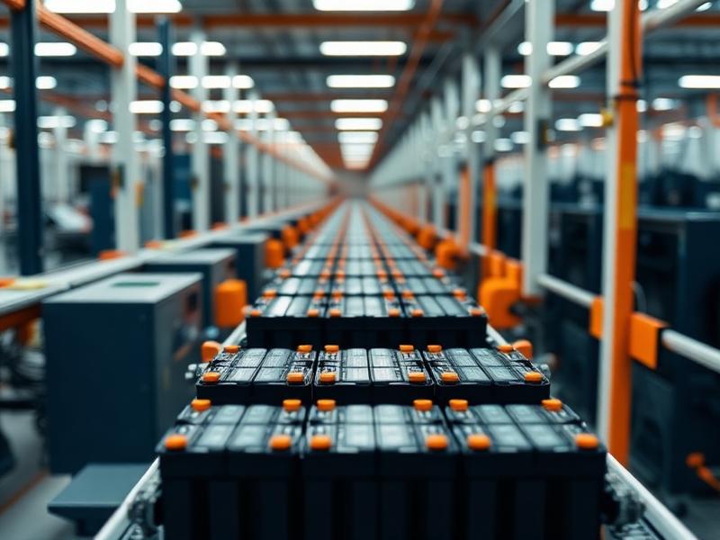 Rows of lithium-ion battery modules on an electric vehicle assembly line
