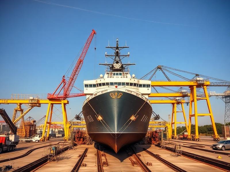 Ship hull under construction in a Gulf Coast shipyard dry dock with cranes overhead