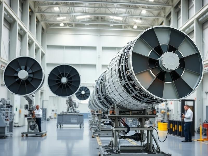 Rocket engine and satellite hardware under assembly in an aerospace production facility